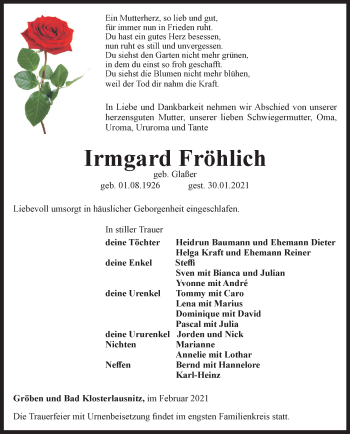 Traueranzeige von Irmgard Fröhlich von Ostthüringer Zeitung