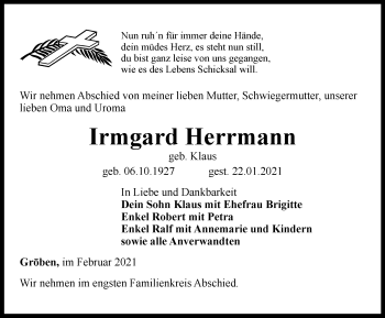 Traueranzeige von Irmgard Herrmann von Ostthüringer Zeitung