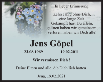 Traueranzeige von Jens Göpel von Ostthüringer Zeitung