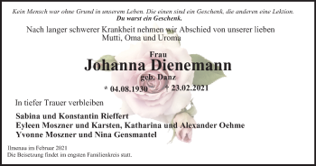 Traueranzeige von Johanna Dienemann von Thüringer Allgemeine