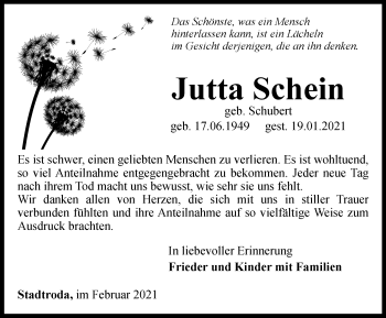 Traueranzeige von Jutta Schein von Ostthüringer Zeitung