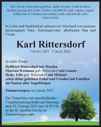 Traueranzeige von Karl Ritttersdorf von Thüringer Allgemeine, Thüringische Landeszeitung