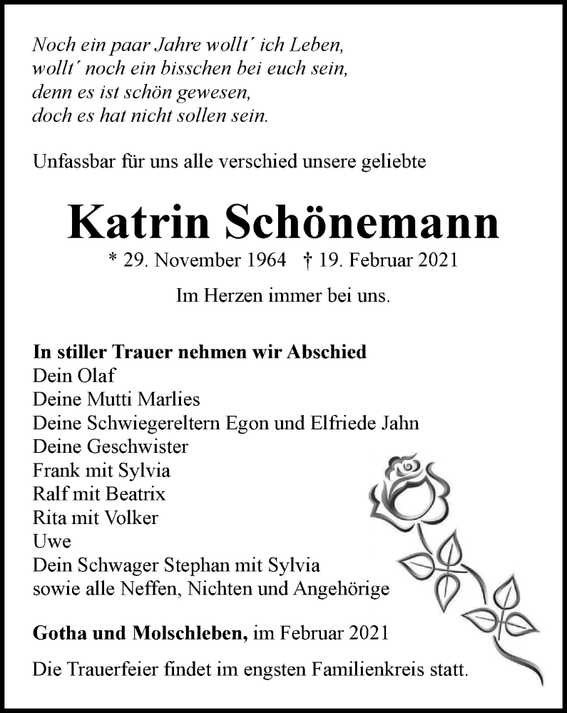  Traueranzeige für Katrin Schönemann vom 27.02.2021 aus Thüringer Allgemeine, Thüringische Landeszeitung