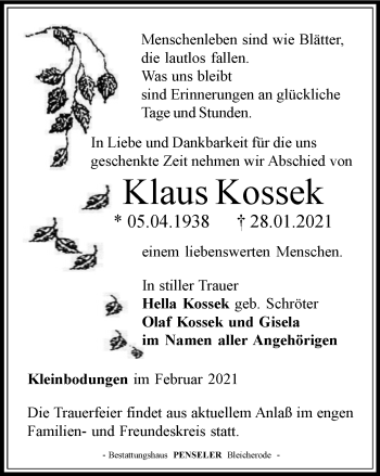 Traueranzeige von Klaus Kossek von Thüringer Allgemeine