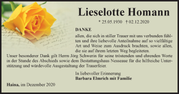 Traueranzeige von Lieselotte Homann von Thüringer Allgemeine, Thüringische Landeszeitung