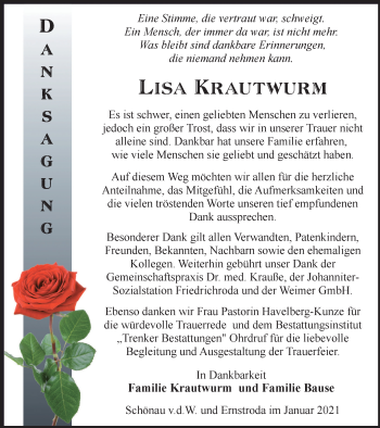 Traueranzeige von Lisa Krautwurm von Thüringer Allgemeine, Thüringische Landeszeitung