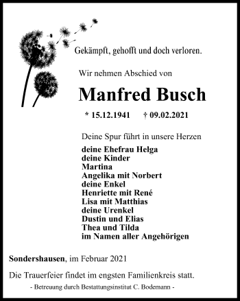 Traueranzeige von Manfred Busch