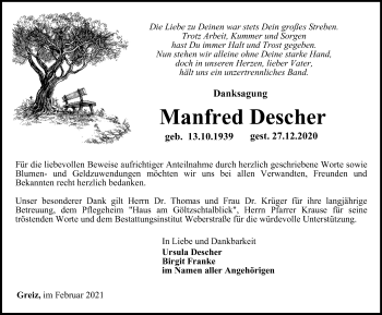 Traueranzeige von Manfred Descher