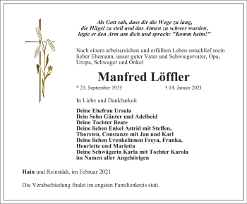 Traueranzeige von Manfred Löffler von Ostthüringer Zeitung