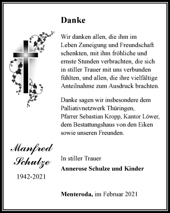 Traueranzeige von Manfred Schulze von Thüringer Allgemeine, Thüringische Landeszeitung