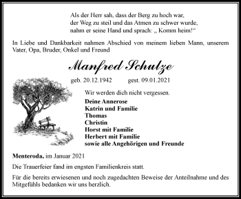Traueranzeige von Manfred Schulze von Thüringer Allgemeine, Thüringische Landeszeitung