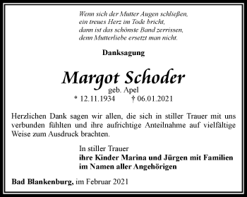 Traueranzeige von Margot Schofler von Ostthüringer Zeitung