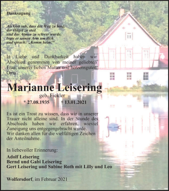 Traueranzeige von Marianne Leisering