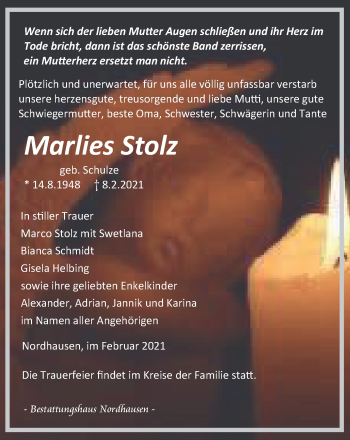 Traueranzeige von Marlies Stolz von Thüringer Allgemeine