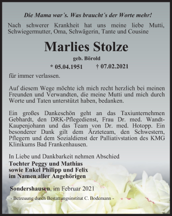 Traueranzeige von Marlies Stolze von Thüringer Allgemeine