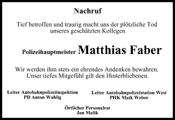 Traueranzeige von Matthias Faber von Thüringer Allgemeine, Thüringische Landeszeitung