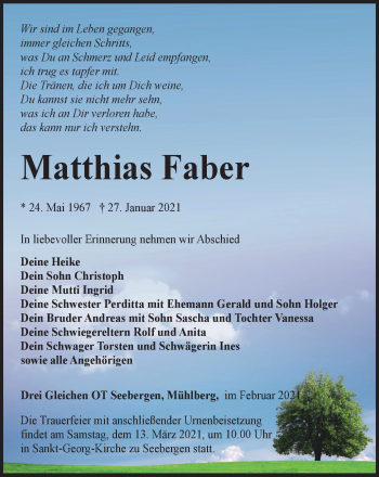 Traueranzeige von Matthias Faber von Thüringer Allgemeine, Thüringische Landeszeitung