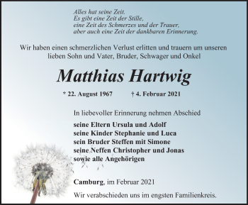 Traueranzeige von Matthias Hartwig von Ostthüringer Zeitung, Thüringische Landeszeitung