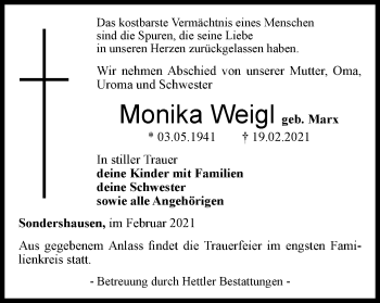 Traueranzeige von Monika Weigl von Thüringer Allgemeine
