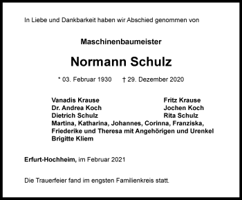 Traueranzeige von Normann Schulz von Thüringer Allgemeine, Thüringische Landeszeitung