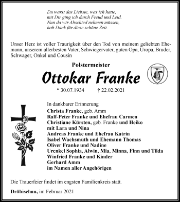 Traueranzeige von Ottokar Franke von Ostthüringer Zeitung