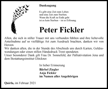 Traueranzeige von Peter Fickler von Ostthüringer Zeitung