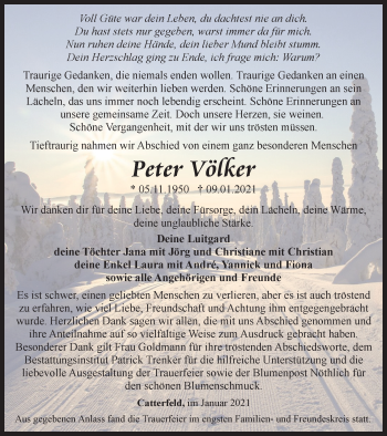 Traueranzeige von Peter Völker von Thüringer Allgemeine, Thüringische Landeszeitung
