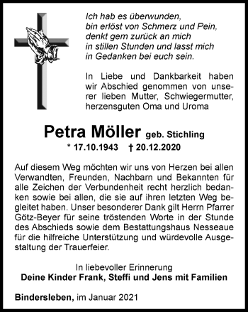 Traueranzeige von Petra Möller von Thüringer Allgemeine, Thüringische Landeszeitung