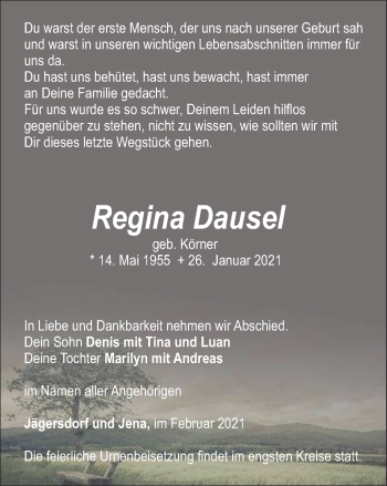 Traueranzeige von Regina Dausel von Ostthüringer Zeitung, Thüringische Landeszeitung