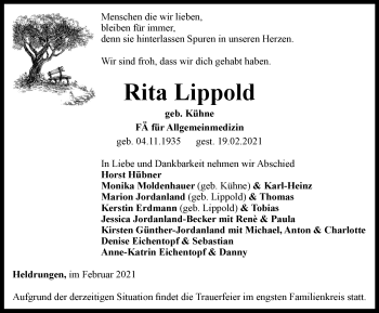 Traueranzeige von Rita Lippold von Thüringer Allgemeine