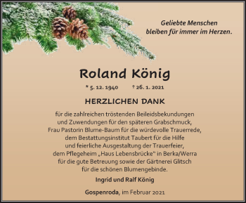 Traueranzeige von Roland König von Thüringer Allgemeine, Thüringische Landeszeitung