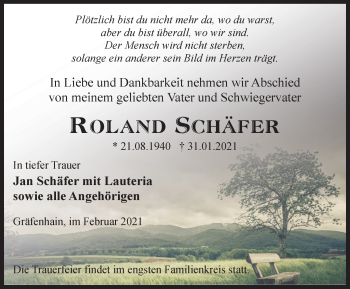 Traueranzeige von Roland Schäfer von Thüringer Allgemeine, Thüringische Landeszeitung