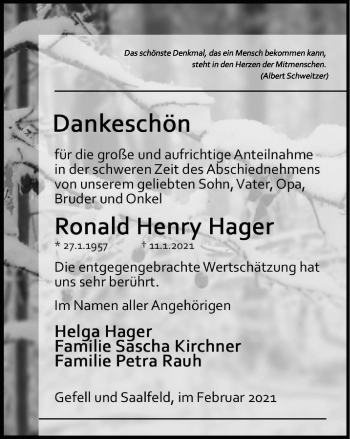 Traueranzeige von Ronald Henry Hager von Ostthüringer Zeitung