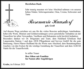 Traueranzeige von Rosemarie Hausdorf von Thüringer Allgemeine, Thüringische Landeszeitung