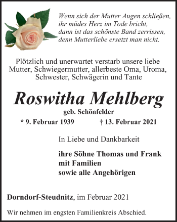 Traueranzeige von Roswitha Mehlberg von Ostthüringer Zeitung, Thüringische Landeszeitung