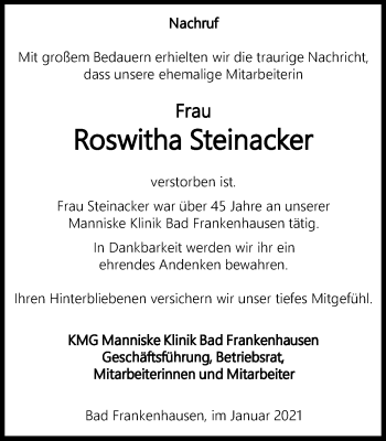 Traueranzeige von Roswitha Steinacker von Thüringer Allgemeine