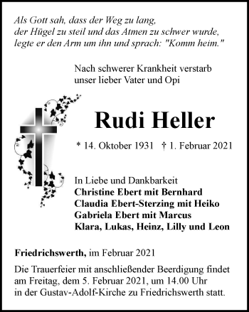 Traueranzeige von Rudi Heller von Thüringer Allgemeine, Thüringische Landeszeitung