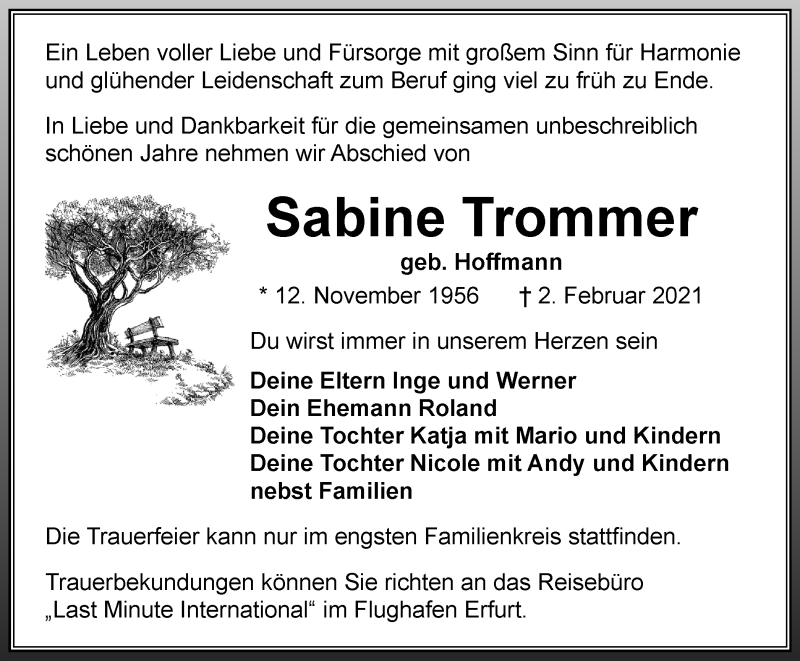  Traueranzeige für Sabine Trommer vom 20.02.2021 aus Thüringer Allgemeine, Thüringische Landeszeitung