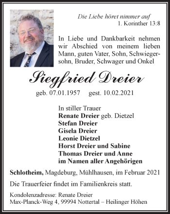 Traueranzeige von Siegfried Dreier von Thüringer Allgemeine, Thüringische Landeszeitung