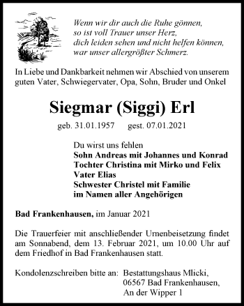 Traueranzeige von Siegmar Erl von Thüringer Allgemeine