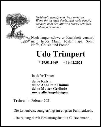 Traueranzeige von Udo Trimpert