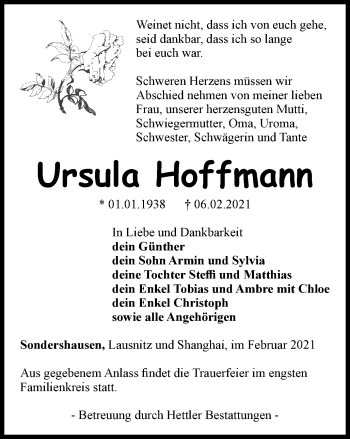 Traueranzeige von Ursula Hoffmann von Thüringer Allgemeine