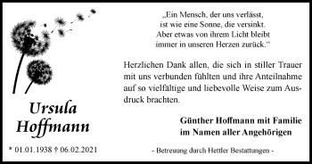 Traueranzeige von Ursula Hoffmann von Thüringer Allgemeine