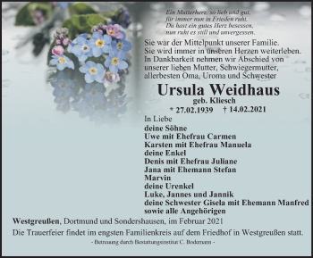 Traueranzeige von Ursula Weidhaus