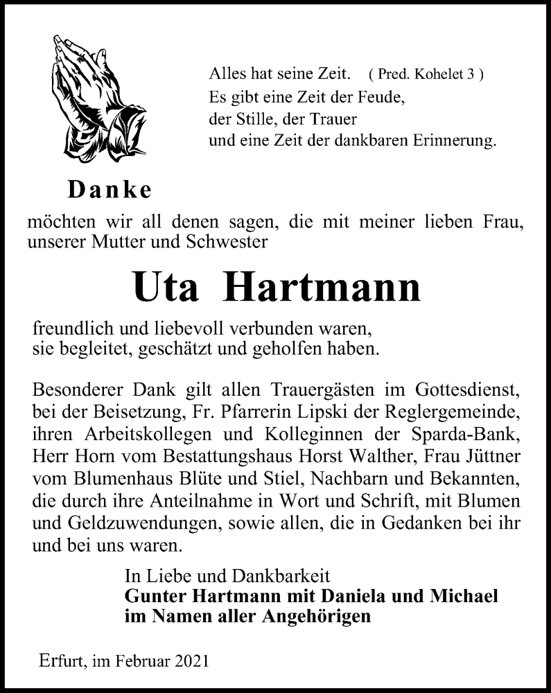  Traueranzeige für Uta Hartmann vom 20.02.2021 aus Thüringer Allgemeine, Thüringische Landeszeitung