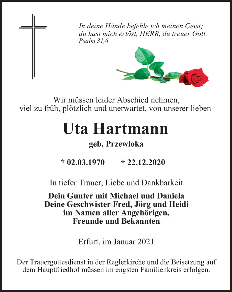  Traueranzeige für Uta Hartmann vom 01.02.2021 aus Thüringer Allgemeine, Thüringische Landeszeitung
