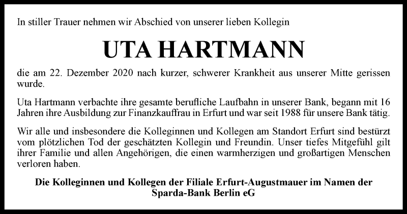  Traueranzeige für Uta Hartmann vom 13.02.2021 aus Thüringer Allgemeine, Thüringische Landeszeitung