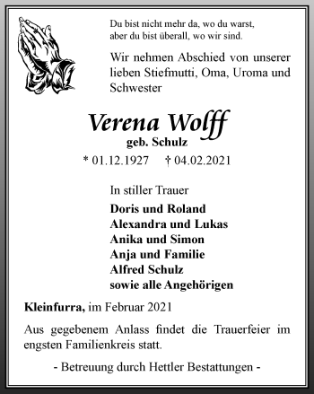 Traueranzeige von Verena Wolff von Thüringer Allgemeine