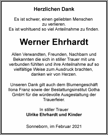 Traueranzeige von Werner Ehrhardt von Thüringer Allgemeine, Thüringische Landeszeitung