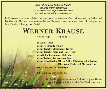 Traueranzeige von Werner Krause von Ostthüringer Zeitung